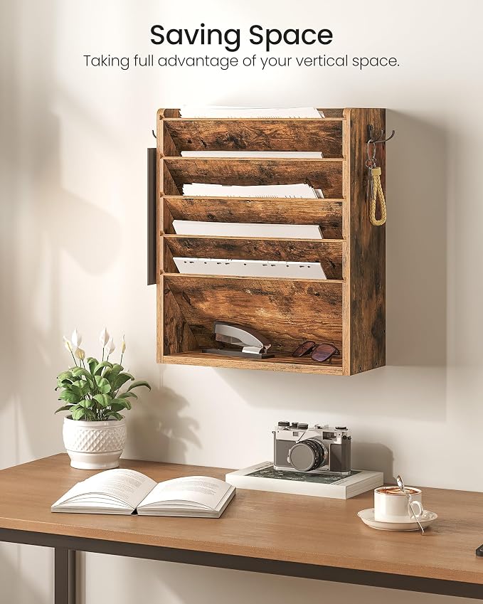 CHOEZON Wall File Organizer, 6-Tier Vertical Mount Hanging Holder with 2 Side Hooks, Vintage Wooden Magazine Storage Crate with Bottom Flat Tray, Desk Organizer, for Office, Home, Rustic Brown MWJ01FG
