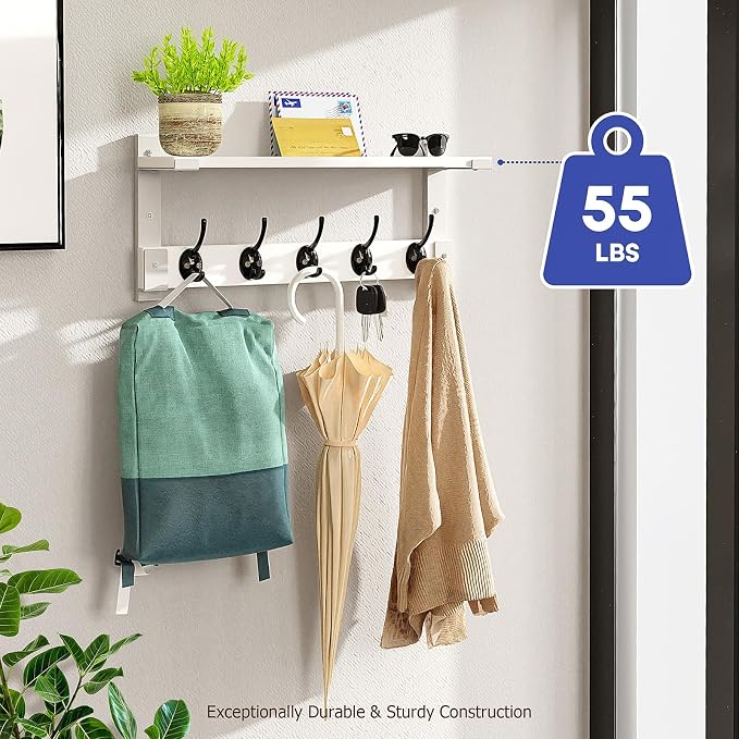 Oraich Wall Hooks with Shelf, Coat Rack Wall Mount for Coat Backpack Key Clothes Hanger, Wall Floating Shelf Hanging in Entryway, Living Room, Bathroom, Bedroom, Kitchen(White)