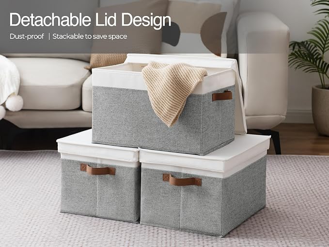 StorageWorks Storage Bins with Lids, Decorative Storage Boxes with Lid and PU Handles, Foldable Storage Baskets for Closet, Shelves, Stackable, Gray and White, Jumbo, 3-Pack