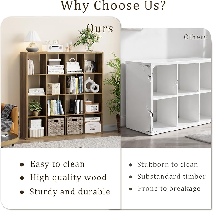 VDNEND Cube Storage Organizer Bookcase, Decorative 11 inch Open Back Cubical Shelf with Thickened Border, Display Bookshelf for Living Room, Home Office, Sturdy Room (Brown, 16 Cube)