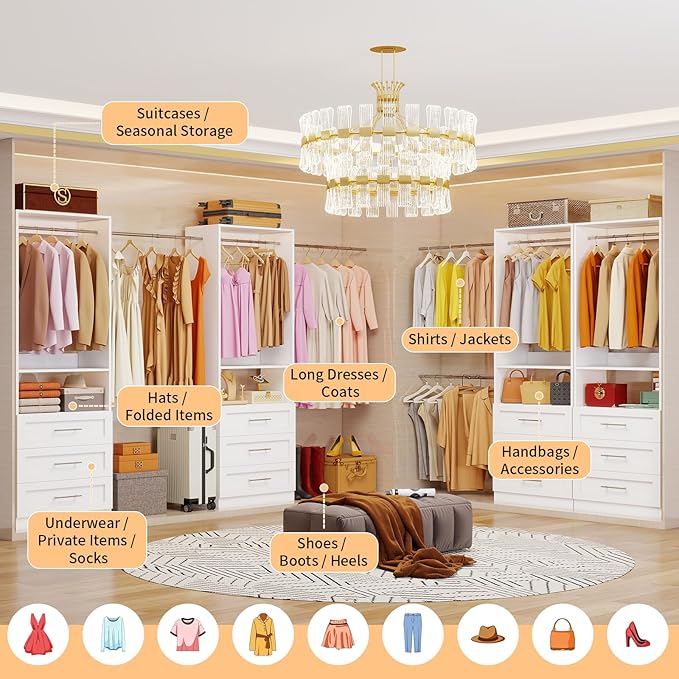 Closet System with 3 Sets, 6FT-15FT Customizable Closet Organizer System with 9 Drawers & 3 Shelves & 6 Hanging Rods, Modular L-Shaped Walk-in Closet or Freestanding Tower Closet Storage System, White