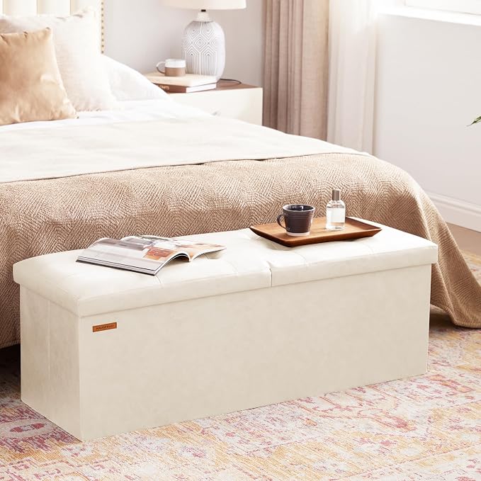 HAUSFRAU Ottoman with Storage Bench Folding Foot Rest Stool Linen Ivory | 43.3", Flip Lid, Foldable Large Footrest Footstool, Bedroom Bench, Living Room Dorm Ottoman, Faux Leather, Upholstered