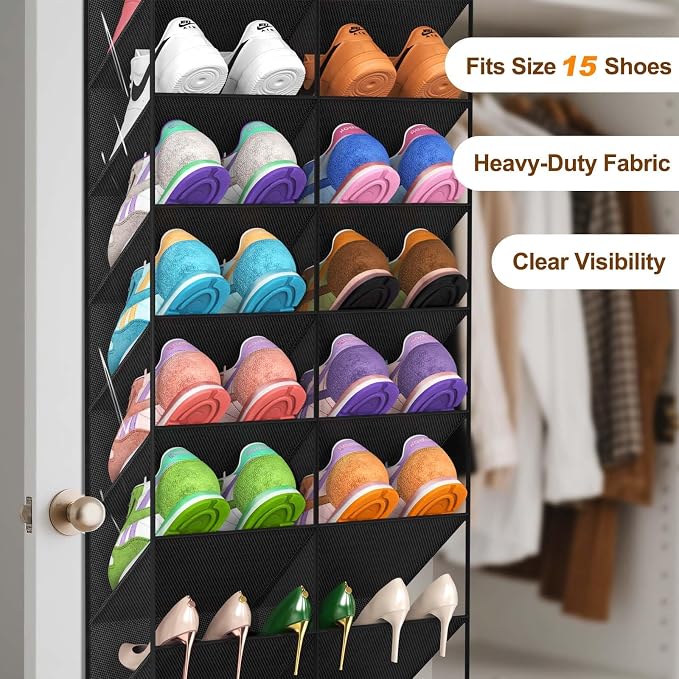 UVIAHOMI 20-30 Pairs Over the Door Shoe Organizer, Clear Pockets Hanging Shoe Storage for Closet, 10-Tier Door Shoes Rack, Handing Shoes Holder Fit All the Family's Sneakers, Boots, Heels, Black