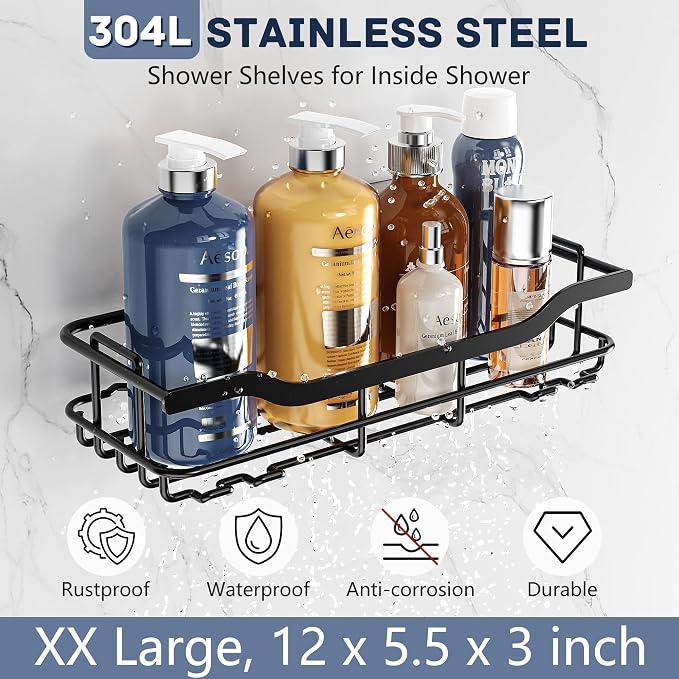 OMAIRA 3-Pack Shower Caddy with Soap Holder, Adhesive Rustproof No-drill Strudy Loading Inside Shower Organizer Shelves Rack Storage Bathroom Organization for Smooth Wall Glass Tile, Black (XX-Large)