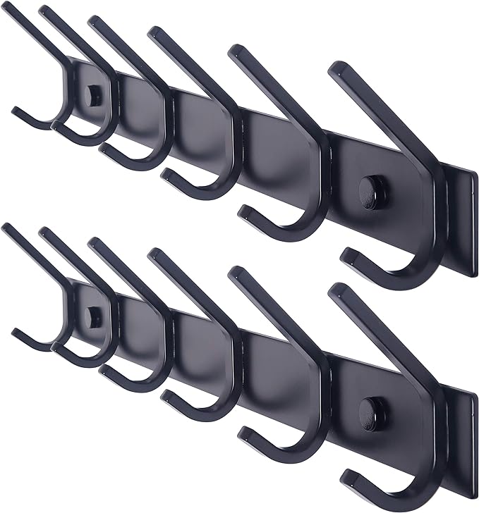 WEBI Coat Rack Wall Mounted,17-1/8 Inch Coat Hooks for Hanging Coats,Heavy Duty Metal Hook Rack Rail with 6 Double Dual Hooks Coat Hanger Wall Mount for Clothes Jacket,Black,2 Packs