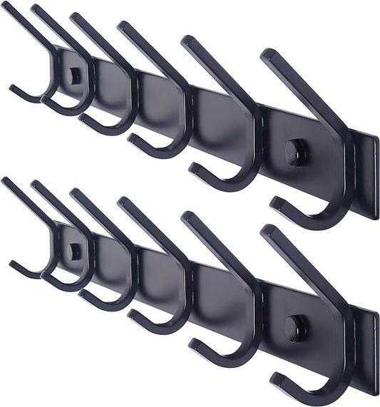 WEBI Coat Rack Wall Mounted,17-1/8 Inch Coat Hooks for Hanging Coats,Heavy Duty Metal Hook Rack Rail with 6 Double Dual Hooks Coat Hanger Wall Mount for Clothes Jacket,Black,2 Packs