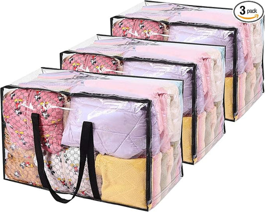 3 Pack Clear Storage Bags 110L Over-Sized Clothes Bags with Double Zippers Sturdy Handles Tote Moving Bags for Duvet, Comforters and Blankets Organizer | Plastic Storage Bag, Foldable Closet Organizer, For Comforter Blanket Bedding Duvet Toys, Moving Bags