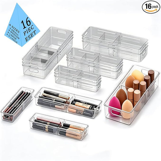 BLULEE 4-in-1 Expandable Drawer Organizer Set, Adjustable Clear Bins | with Dividers for Kitchen, Bathroom, Vanity & Office, Scalable Trays for Cosmetics, Utensils & Desk Accessories (16 Pcs)