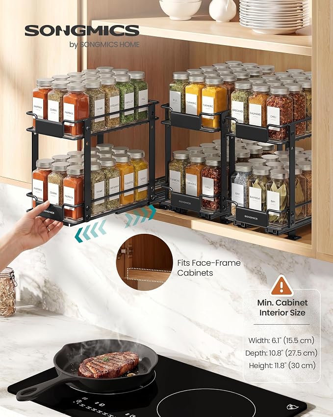 SONGMICS 2 Tier Pull Out Spice Rack for inside Cabinets, Steel | Spice Organizer, Slide Out Cabinet Organizer, for Kitchen Cabinet Storage, Black UKCS117B101