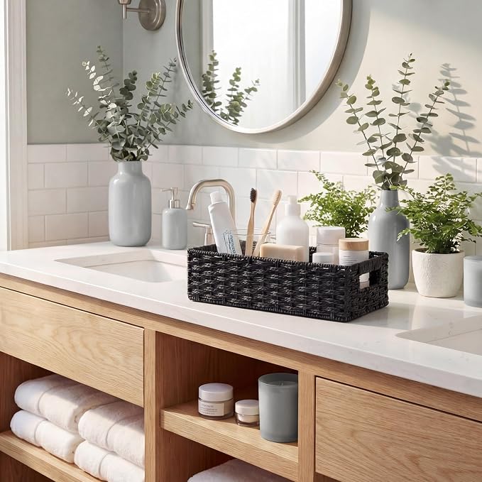 StorageWorks Toilet Basket Tank Topper, Bathroom Basket Organizer, Black | Paper Rope Toilet Paper Baskets for Back of Tank, Small Wicker Basket with Built-in Handles for Rustic Bathroom Decor