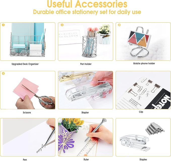 KAAKOW Silver Desk Organizers and Accessories Office Supplies Set Stapler, Pen Holder, Phone Holder, Scissors, Pen, Ruler, 30 Paper Clips, 22 Binder Clip, 20 Tacks and 1000pcs Staples