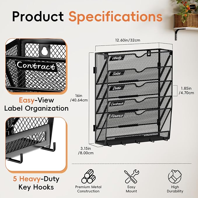 6-Tier Wall File Organizer with Hook, Hanging File Organizer Black | Wall-mounted mail storage holds papers, folders, files, clipboards and magazines, assembly required for office or home use.