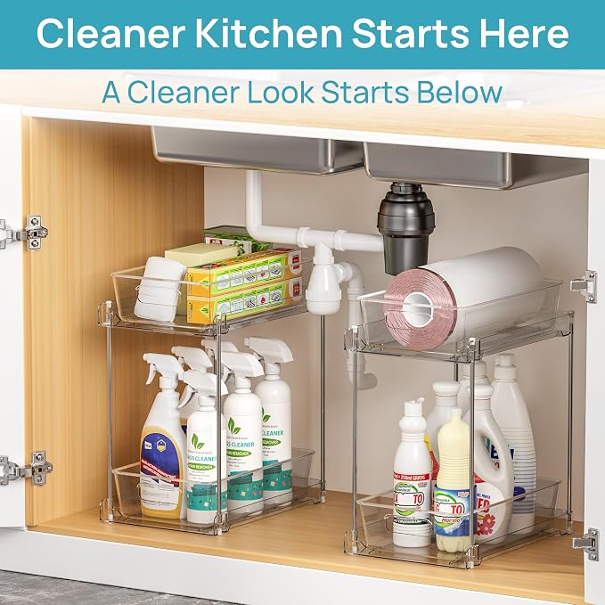Vtopmart 2 Pack Taller Pull Out Bathroom Under Sink Organizer (S-Higher) | Slide-out drawers, Multi-purpose storage, Clear visibility, Easy Set-up
