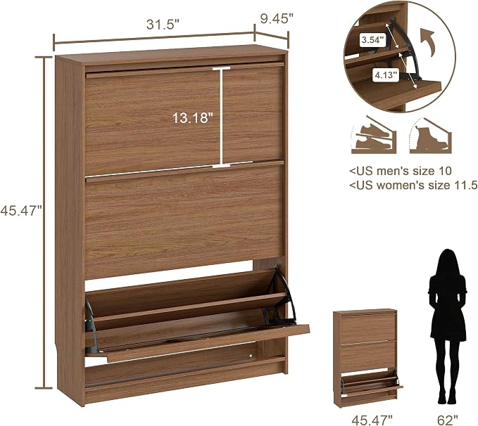 Shoe Cabinet with 3 Flip Drawers, 31.5" W Narrow Shoe Storage Cabinet for Entryway, Slim Shoe Organizer with Adjustable Shelves, Freestanding Shoe Rack for Hallway, Living Room, Walnut