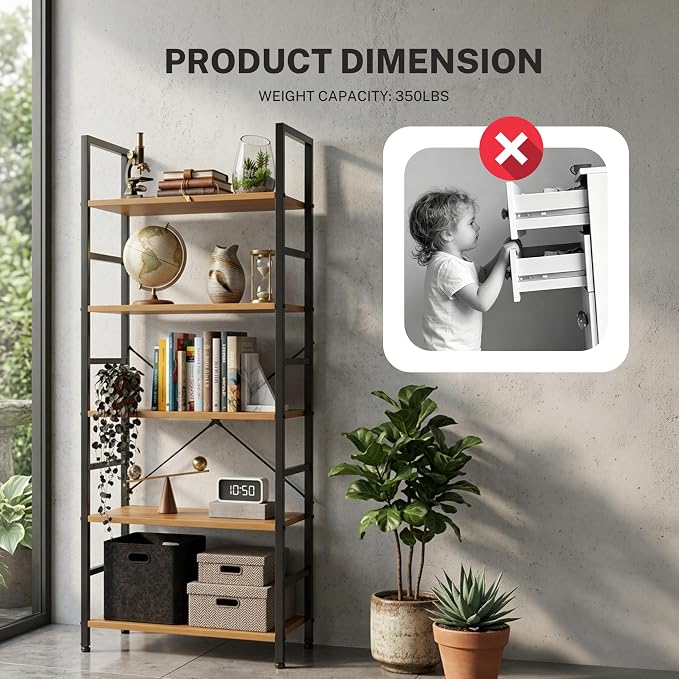 HealSmart 5 Tier Bookshelf, Free Standing Book Shelf Home Office Bookcase Shelf Storage Organizer for Bedroom, Bathroom, Living Room, Office, Balcony, Wood