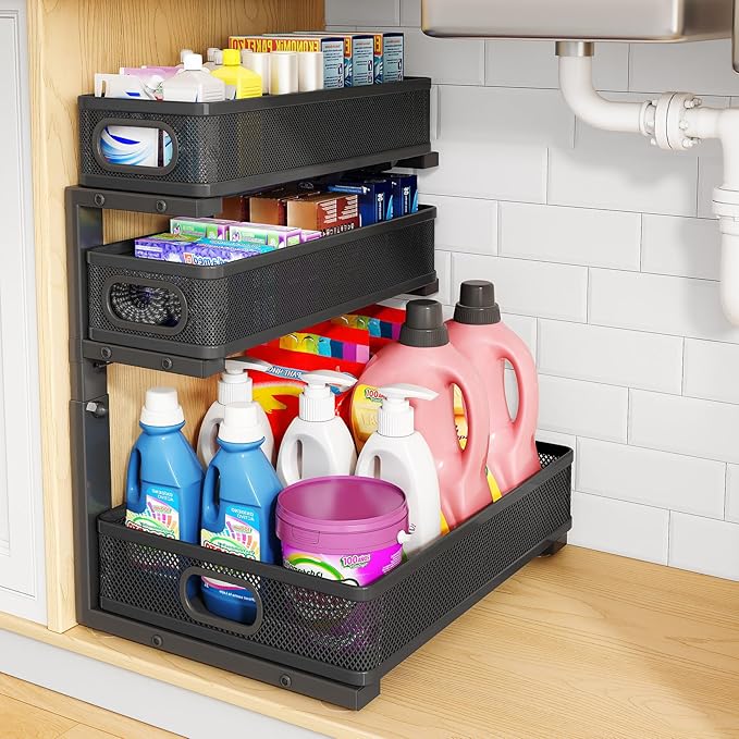 Under Sink Organizer, 3-Tier Thickened Metal Pull out Cabinet Organizer Shelf, Height Adjustable Slide out Storage Drawer Rack for Kitchen Bathroom Pantry Laundry Home Organization, 1-Pack, Black | 35% Extra Storage Capacity, Carbon Steel, Hold Up 55lb...