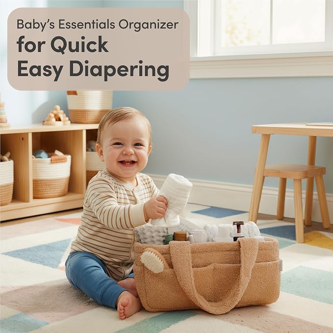 PUTSKA Baby Diaper Caddy Organizer, Nursery Basket, Brown Fleece