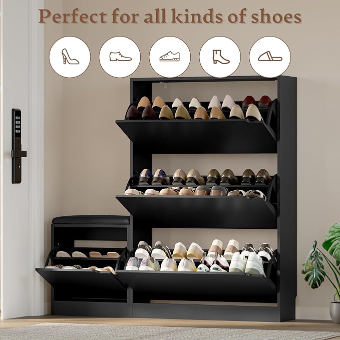 BORNOON Shoe Cabinet with Bench and 3 Flip Drawers, Slim Narrow Shoe Storage Cabinet, Freestanding Shoe Rack Organizer with Adjustable & Removable Shelves, Anti-Tip for Entryway, Hallway, Foyer