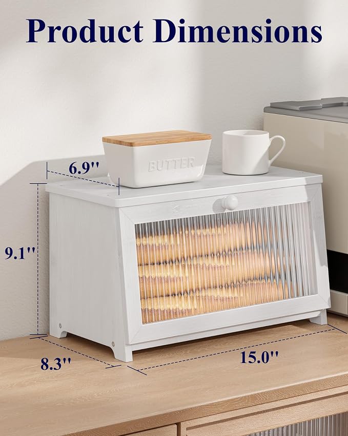 Kitsure Wooden Bread Box for Kitchen Countertop, 1-Tier, White | Large Capacity Kitchen Countertop Organizer, Stylish Bread Storage with Window, Multi-functional Container