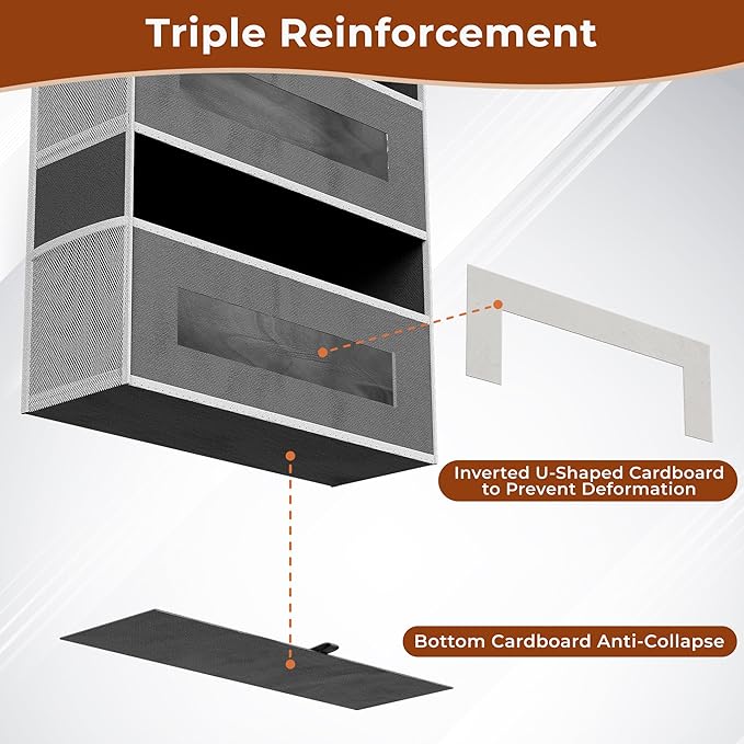 3 Pack 5 Tier Over The Door Organizer - Large Capacity Behind Door Hanging Shelves with 10 Mesh Pockets and Clear Windows, Closet Organizers and Storage for Bathroom, Bedroom, Nursery, Grey