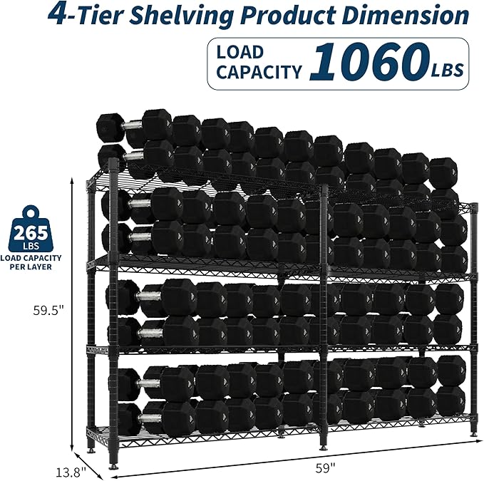 Garvee Metal Storage Shelves 4-Tier, Wire Shelving Rack 59"Wx13.8"Dx59.5"H, | Heavy Duty Load 1060LBS, Adjustable/L-shaped, Wire Rack, for Garage Kitchen Pantry Room Storage, Tool-Free Assembly, Black