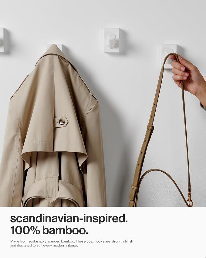 LARHN White Wall Hooks (4-Pack), Wall Mounted Coat Hooks for Wall, Wood Hooks for Hanging - Modern Scandinavian Home Decor - Series 6 | Wood Hooks for Hanging - Modern Scandinavian Home Decor - Series 6