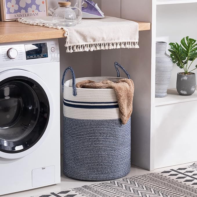 Woven Rope Laundry Hamper Basket by YOUDENOVA, 58L Tall Luandry Basket, Baby Nursery Hamper for Blanket Storage in Bedroom-Large-Blue | Large Woven Laundry Hamper with Sturdy Handles, Collapsible Home Decor Laundry Basket for Laundry, Clothes, Toys in ...