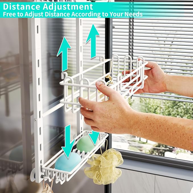 HapiRm 3 Tier Over the Door Shower Caddy, Hanging Shower Caddy with 16 Hooks and 2 Soap Holders, No Drilling Adjustable Hanging Bathroom Organizer - White