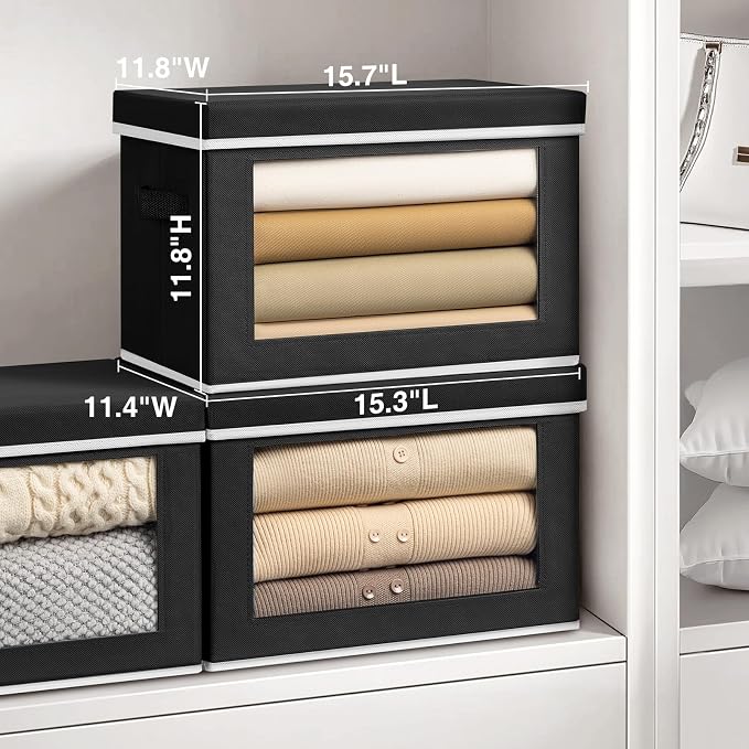 Homsorout Storage Bins with Lids, 4 Pack Large Storage Cubes with Window, Closet Bins with Lids & Handles, Fabric Box for Organizing Clothes, Towels, Books, Black