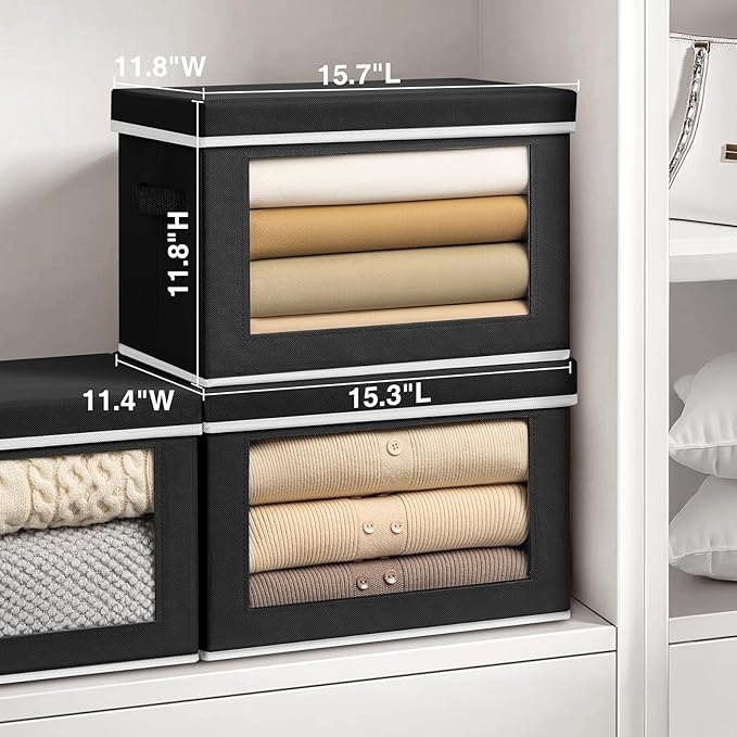 Homsorout Storage Bins with Lids, 3 Pack Large Storage Cubes with Window, Closet Bins with Lids & Handles, Fabric Box for Organizing Clothes, Towels, Books, Black