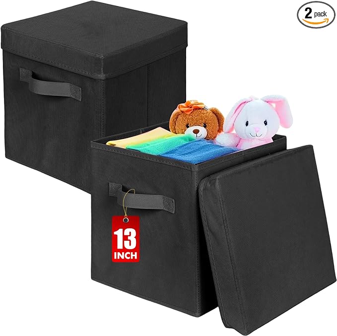 ShellKingdom Storage Bins, Foldable Fabric Storage Cube with Lid for Closet | Clothes Storage Organizer Drawer For Closet Toys Storage, 13 X 13 X 13 INCH, 2 Pack (Black)