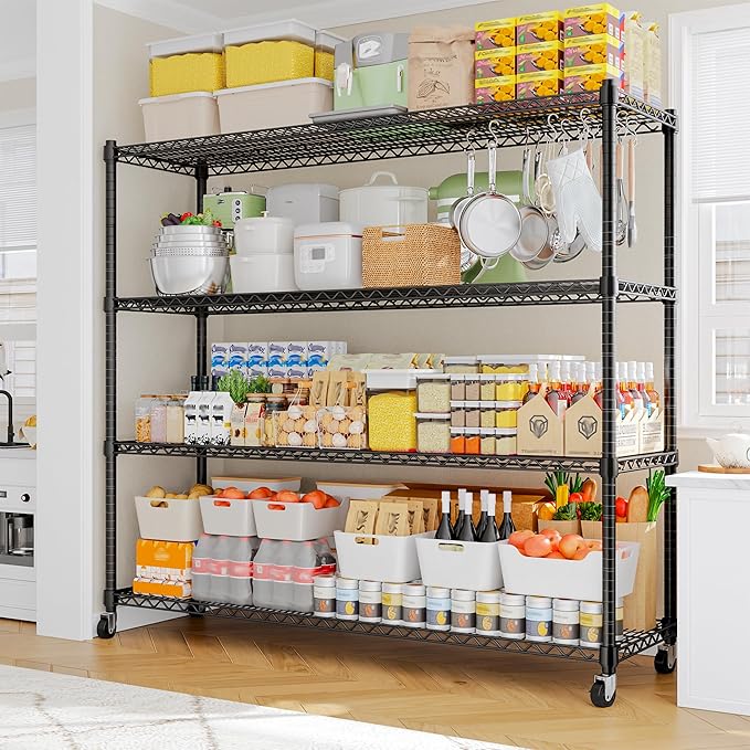 REIBII 4-Tier Heavy Duty Shelving with Wheels, 2480LBS Storage Shelf Rack | 1-inch (25.4mm) steel tube, industrial casters, lockable wheels, tool-free, rust-proof, garage, warehouse, pantry, commercial