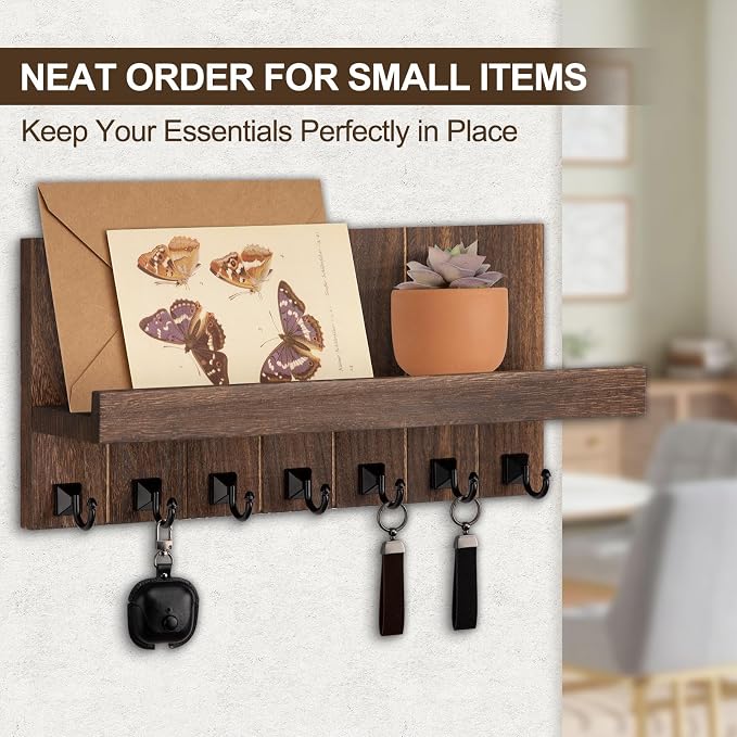 Key Holder for Wall, Decorative Key Holder with Shelf, Key and Mail Holder Wall Mount, Farmhouse Decor with 7 Key Hooks for Keys, Coats, ect.
