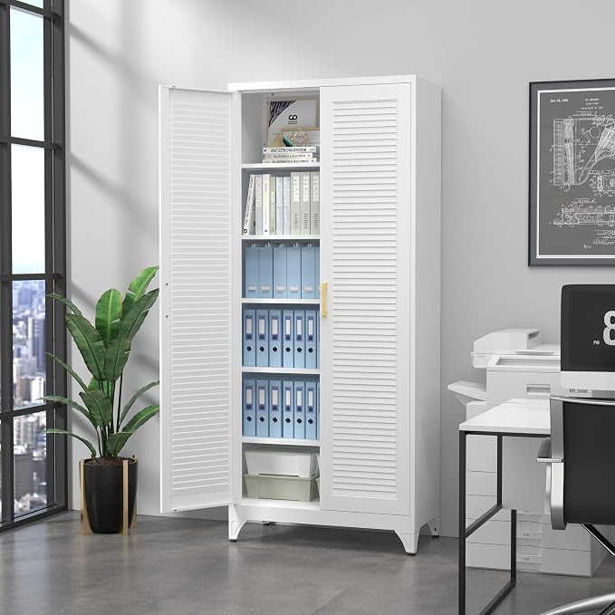 SteeLoong 75" Metal Storage Cabinet with Doors and 5 Adjustable Shelves | Kitchen Pantry Cabinet,White Tall Freestanding Cupboard with Gold Handle,Steel Garage Cabinets for Tool,Office,Kitchen,School
