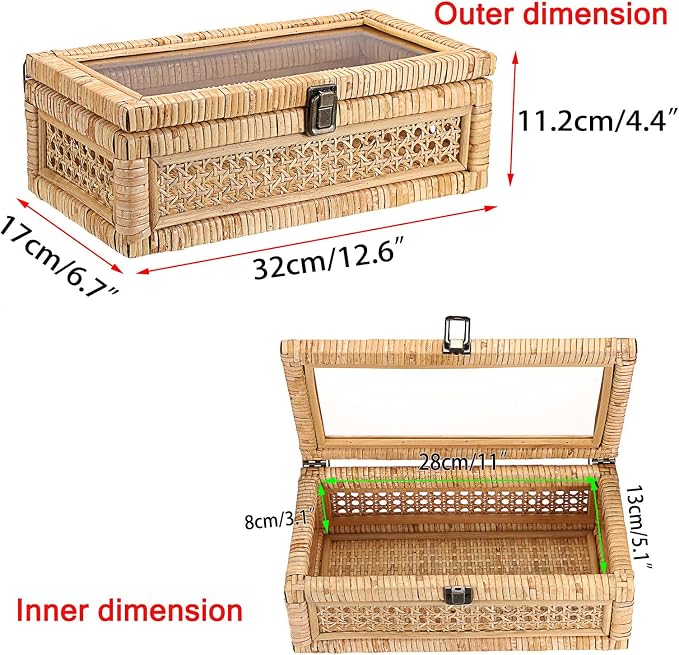 Hipiwe Rattan Decorative Box with Clear Lid and Lock - Woven Wicker Basket | Natural Rectangular Basket Organizer Bin, Vintage Wood and Cane Display Boxes for Shelves Home Storage and Decor