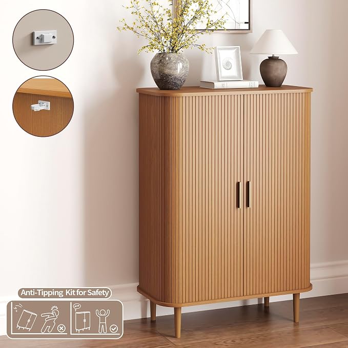DHH Shoe Storage Cabinet with Sliding Door, 6-Tier Shoe Cabinet with Adjustable Shelves, Mid-Century Modern Freestanding Shoe Storage Organizer for Entryway, Hallway, Living Room (Yellow,31.5 ")
