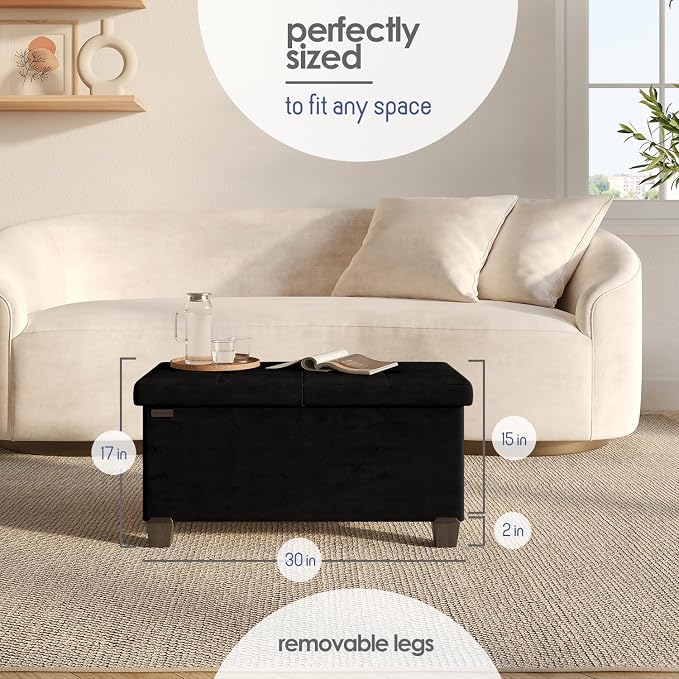 Storage Ottoman Bench with Bins, 30-in Storage Bench for Bedroom End of Bed, Folding Foot Rest Ottoman for Living Room Max 660lbs, Velvet Ottomans, Black