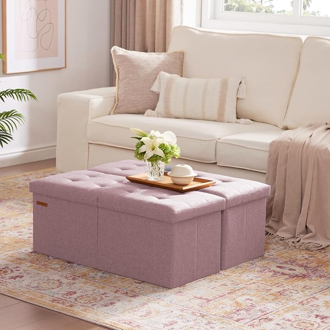 HAUSFRAU Ottoman with Storage Bench Folding Foot Rest Stool Linen Nude | 31.5", Flip Lid, Small Upholstered Foldable Footrest Footstool, Bedroom Bench, Living Room Dorm Ottoman, Rectangle
