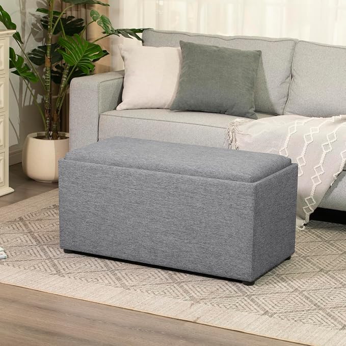 Adeco 35 Inches Storage Ottoman Bench, Non-Folding End of Bed Foot Rest Stools Ottoman with Thicker Foam Padded Seat, Upholstered Storage Chest for Living Room, Entryway, Bedroom