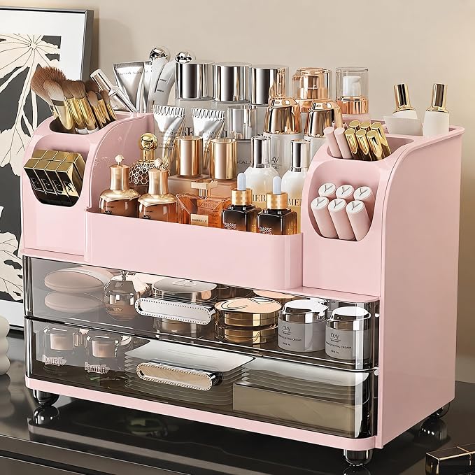 Large Makeup Organizer for Vanity - Perfume Cosmetic Display Cases | Skincare Organizers with 2 Drawers for Bathroom Dresser Desk, Easy to Store Brush Eyeshadow Lipstick Beauty Supplies, Pink