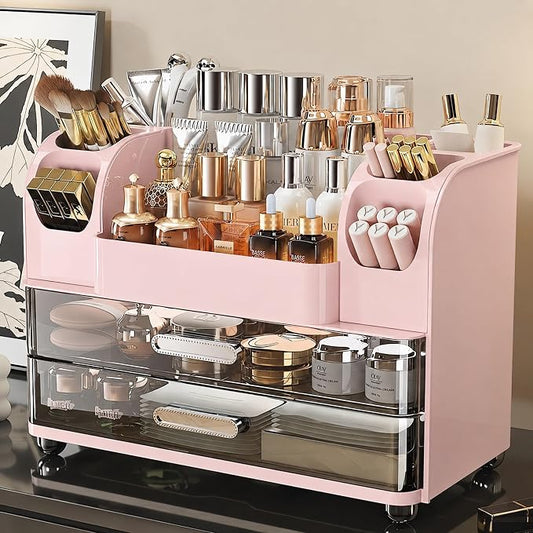 Large Makeup Organizer for Vanity - Perfume Cosmetic Display Cases | Skincare Organizers with 2 Drawers for Bathroom Dresser Desk, Easy to Store Brush Eyeshadow Lipstick Beauty Supplies, Pink