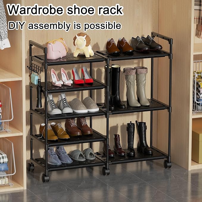 CSXGBAB Shoe Rack Organizer, 5-Tier Large Shoe Stand with Wheels Easy to Mobile Tall Shoe Storage Shelf for Closet, Entryway or Garage for 16–18 Pairs