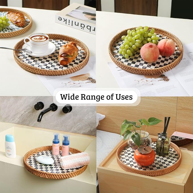 Round Rattan Tray with Mother of Pearl Inlay, Wooden Base | Coffee Table Serving Tray, Home Decorative Wicker Woven, for Outoor Patio Decor