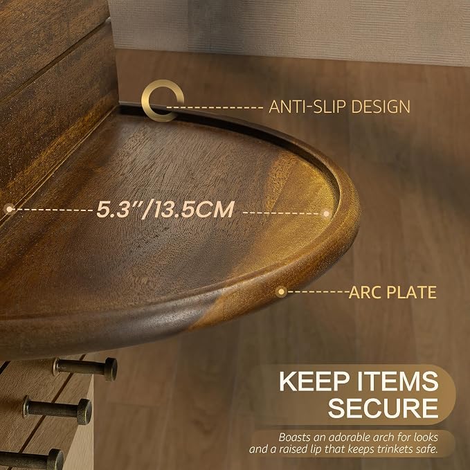 Rebee Vision Acacia Wood Round Key Holder Wall Mount for Home Decor, Brown | Round Corner, Key Holder for Wall with Floating Shelf, Rich Wood Grain, 2 Types of Hooks, Meets Daily Family Needs