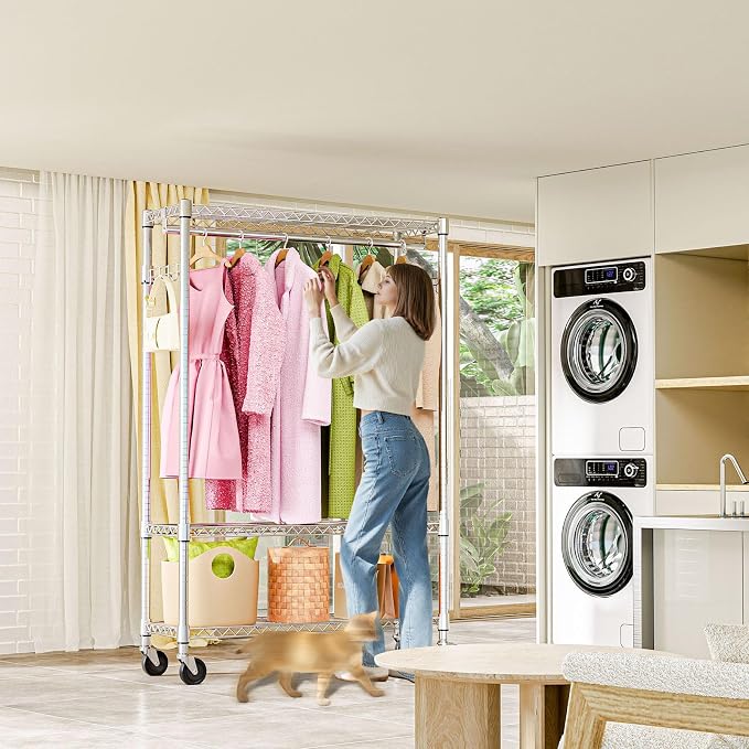 M MZG Heavy Duty Rolling Garment Rack 3 Tiers Adjustable Wire Shelving Clothes Rack with 1 Rods and Side Hooks,Storage Closet Clothing Rack with Wheels Chrome 15.7" D x 45.3" W x 75.6" H