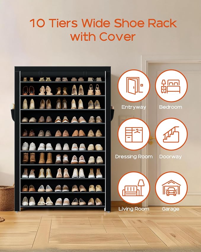 CASAMAYA Shoe Rack with Covers, 10 Tiers Tall Shoe Rack Organizer, Large Capacity Shoe Shelf Storage, Hold 50 Pairs of Shoes, Vertical Shoe Storage Organizer for Closet, Entryway, Black, SRT105B01