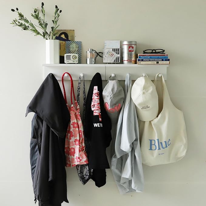 Entrance Coat Rack ，Coat Hooks, Wall-Mounted Wooden Hook Rack, Wall-Mounted Shelves are Very Suitable (White Color Finish—A-1)