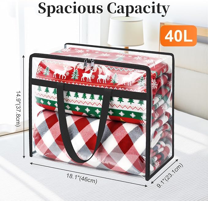 SpaceTrove Clear Storage Bags, 8-Pack Under Bed and Closet Organizers 40L | Clear PVC bags with zippers and handles, foldable waterproof moving bags store comforters, blankets, bedding, clothes and toy