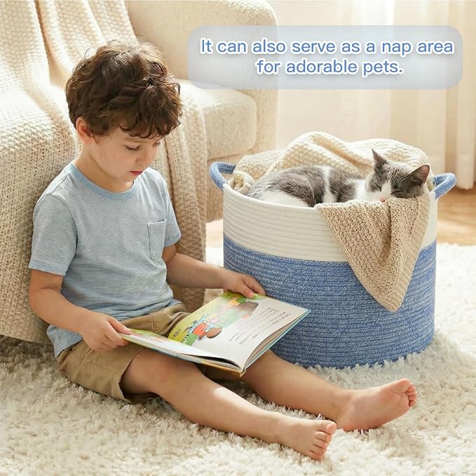 Artfeel 70L Large Cotton Rope Basket, Decorative Woven Blanket Storage for Living Room, Boho Toy Storage & Toy Box for Kids, Versatile Laundry Basket & Nursery Hamper for Blankets(DenimBlue)