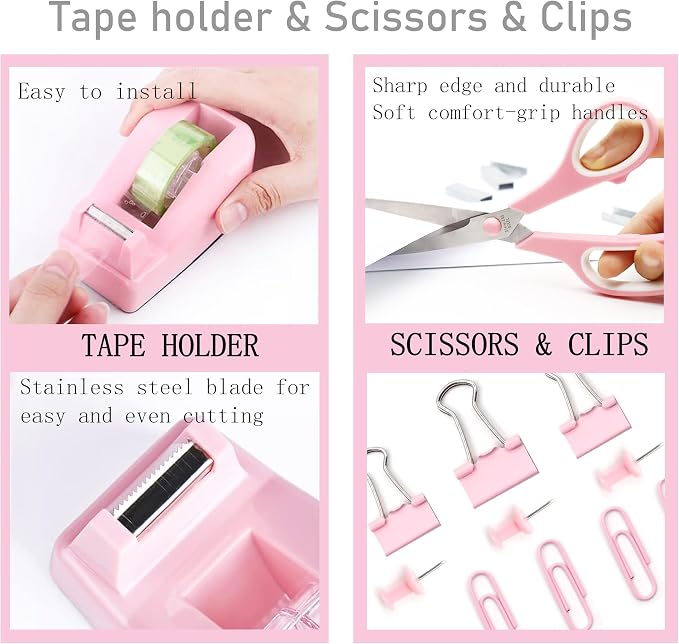 Pink Desk Accessories, Pink Office Supplies Accessories with Tape Dispenser, Stapler, Staple Remover, 1000 Staples, Tape, Clips Set, Ruler, Scissor, Pen